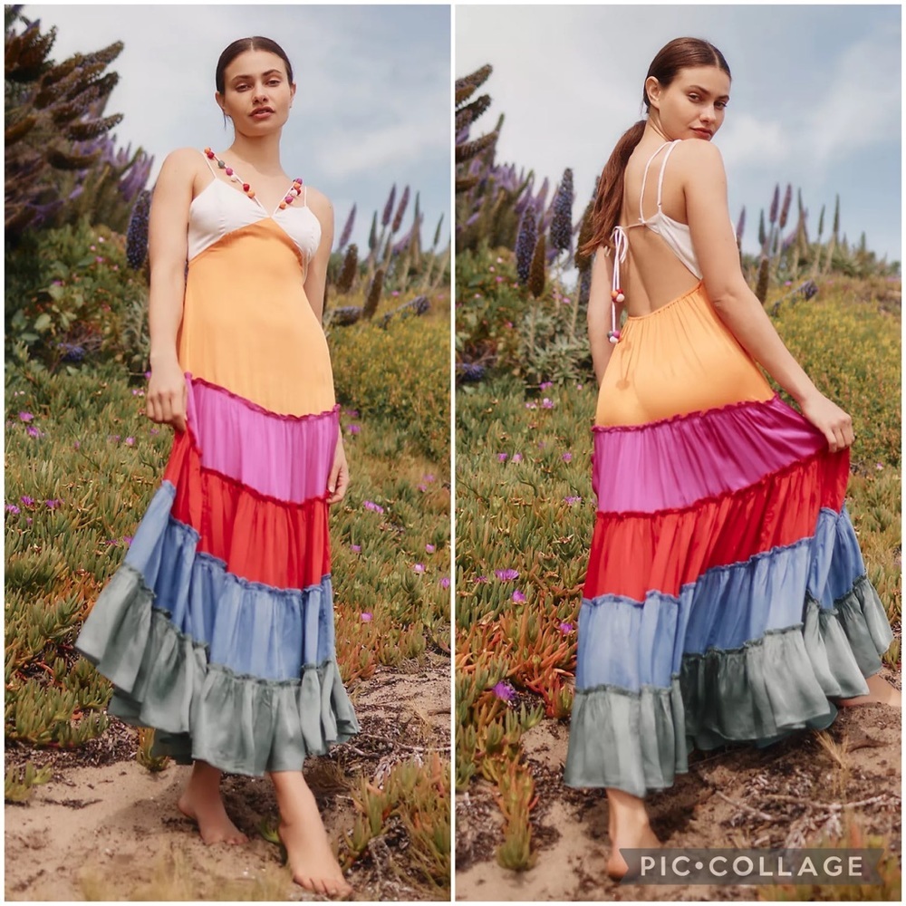 Anthropologie Rainbow Tiered Maxi Dress V Neck Colorful Small NWT - Picture 4 of 16
